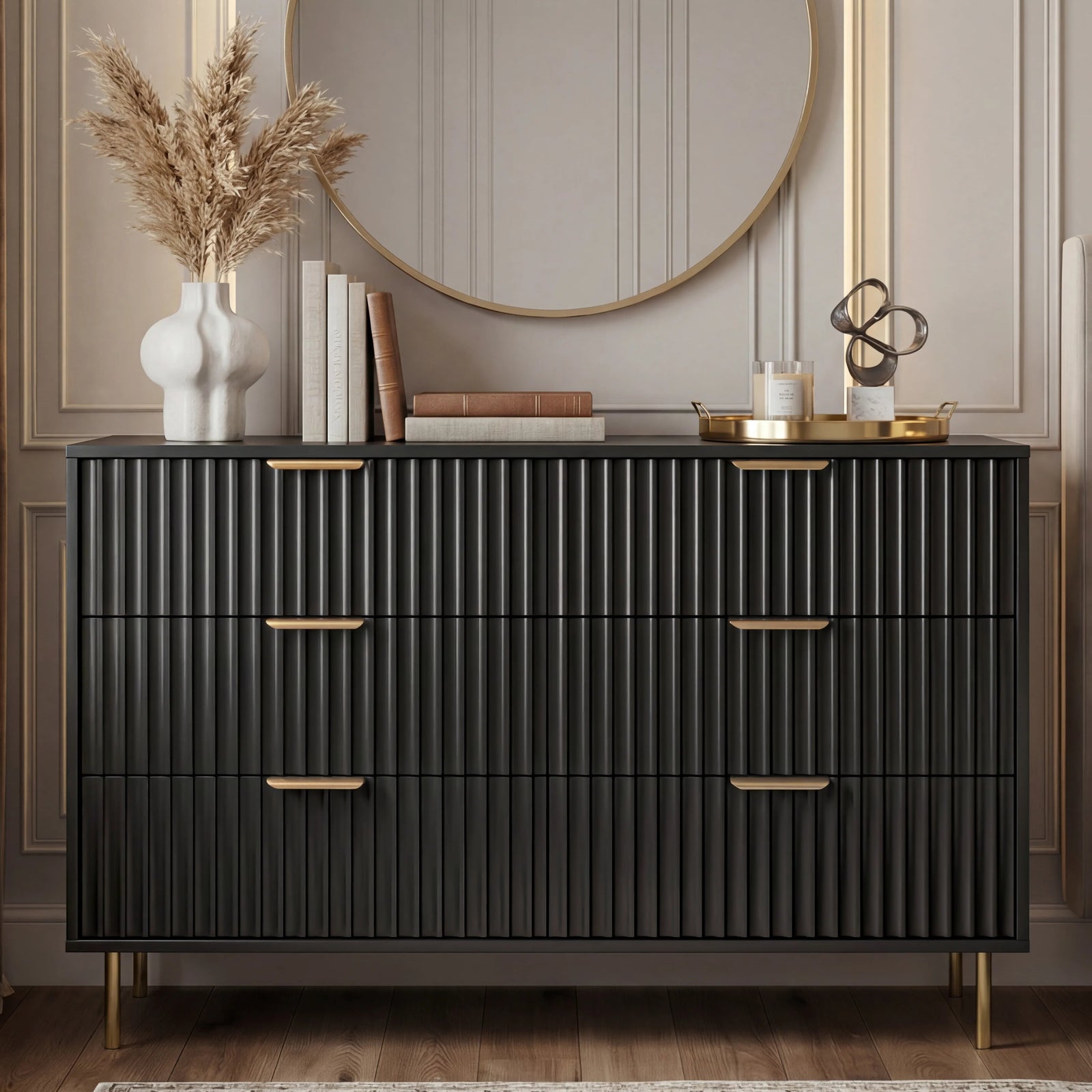[Black] Front elevation of black 6 drawer chest with flutrina drawer fronts, golden handles and legs