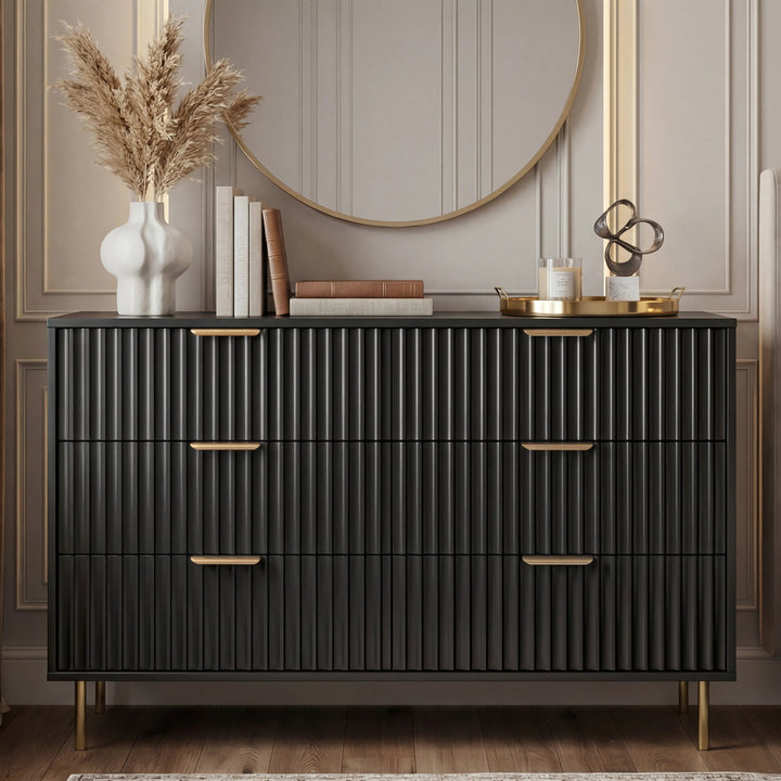 [Black] Front elevation of black 6 drawer chest with flutrina drawer fronts, golden handles and legs