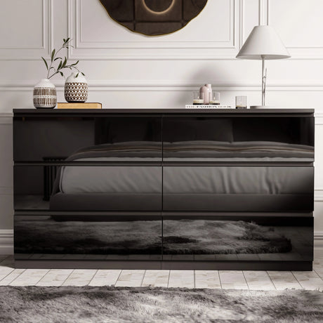 [Black] 6 drawer chest closed showing seamless handleless black high gloss design.