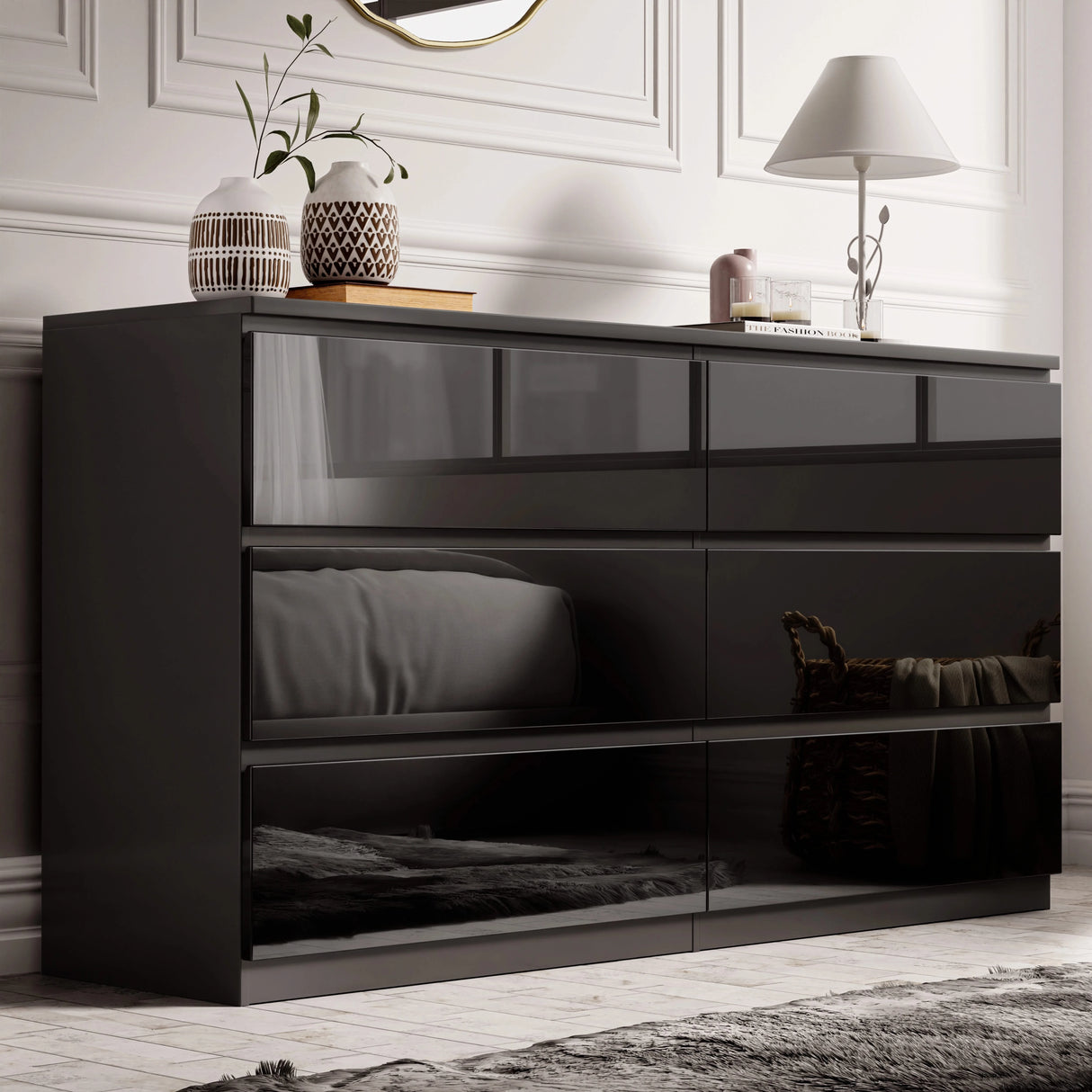 [Black] High gloss 6 drawer chest in black styled in bedroom with mirror and lamp.