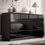 [Black] High gloss 6 drawer chest in black styled in bedroom with mirror and lamp.