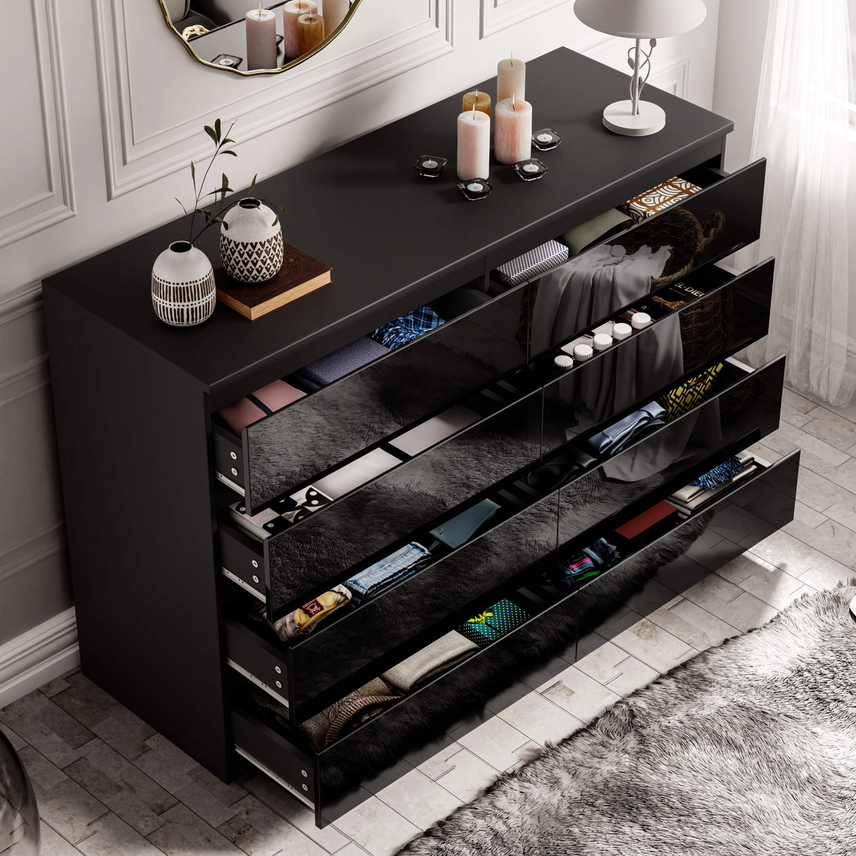 [black] high gloss 8 drawer chest angled view with candles and vases on top in bedroom