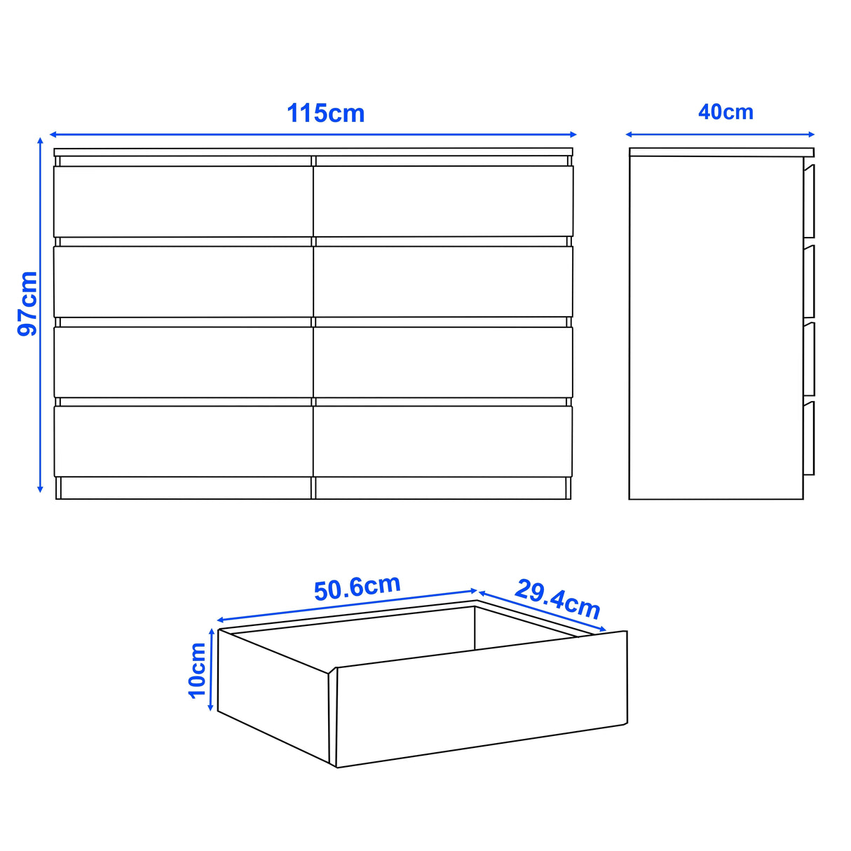 [black] dimension diagram: 115cm x 40cm x 97cm with individual drawer sizes labelled
