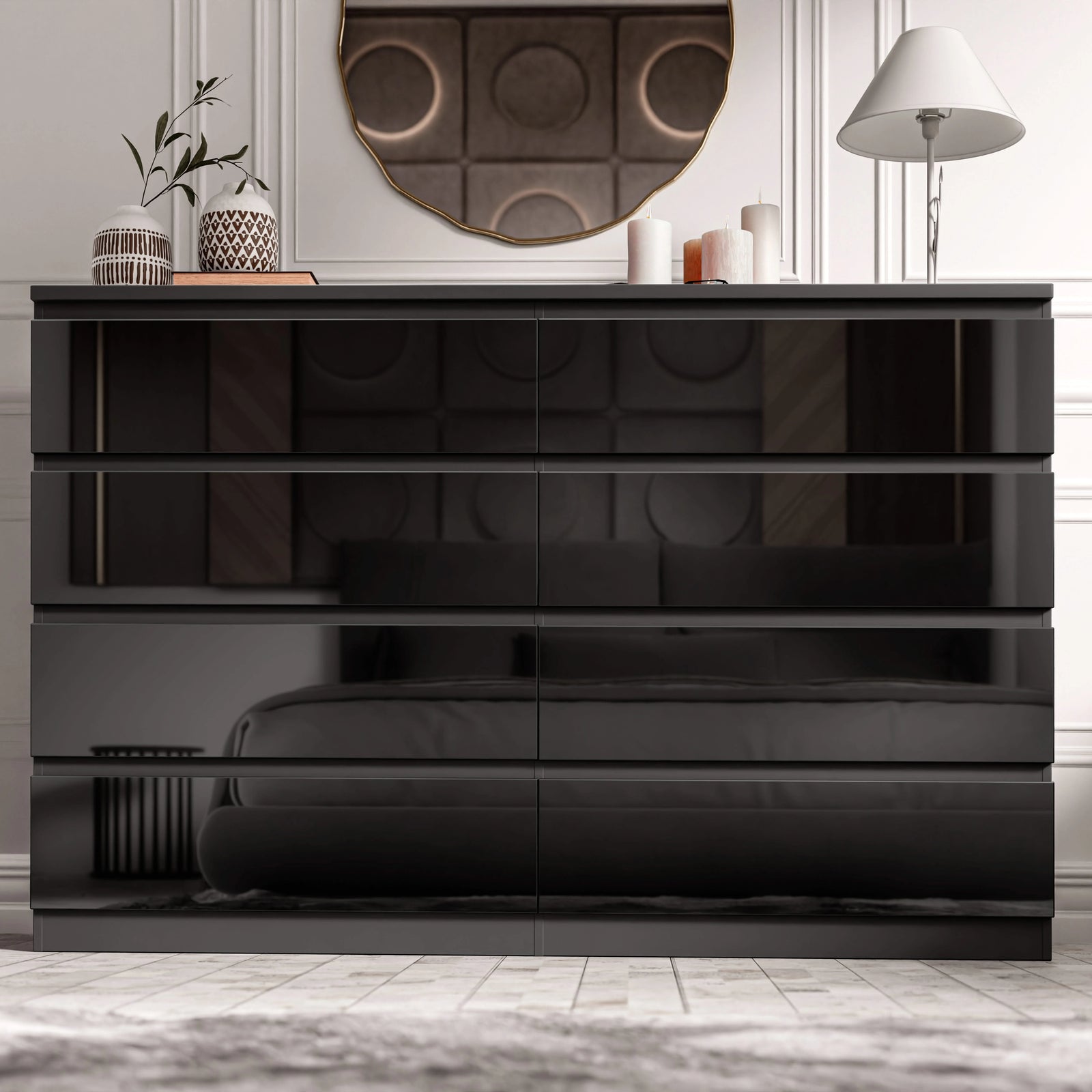 [Black] high gloss wide chest of drawers black front view closed under arched mirror with vases and lamp
