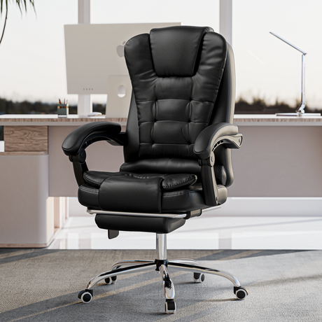black leather office chair styled in a modern office setup to enhance your workspace look with luxury seating