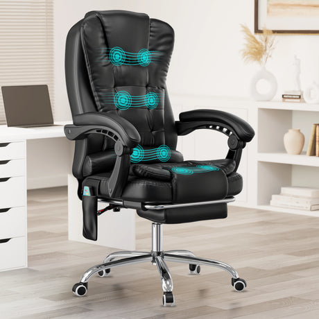 8-point massage office chair in black PU leather featuring a remote control and sleek design for professional office comfort