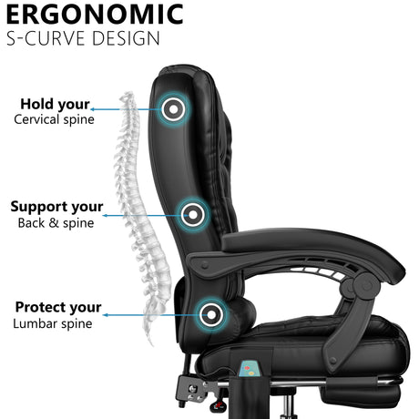 ergonomic desk chair in black PU leather showing S-curve lumbar support for improved posture and back comfort