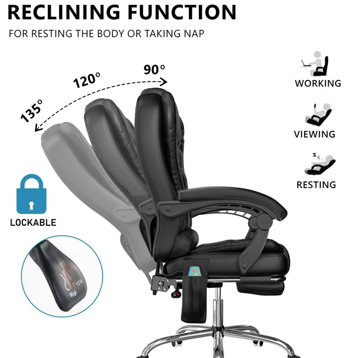 [Black] black desk chair shown reclining from 90° to 135° with inset highlighting control knob for angle adjustment