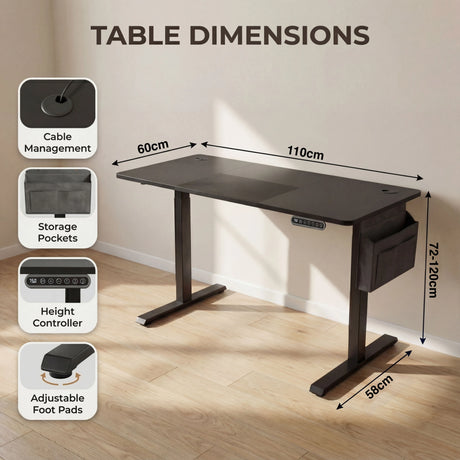 Black Electric Standing Desk dimensions: 110cm x 60cm with 72–120cm adjustable height. Features cable management and storage pockets.