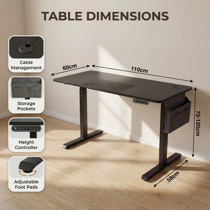 [110cm x 60cm] schematic of 110cm x 60cm black desk with 72-120cm lift range, foot pads and cable port on T-legs
