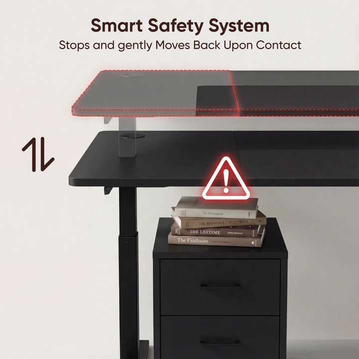[160cm x 70cm] safety sensor on 160cm wide black desk: descending top contacts book stack and reverses, red alert icon