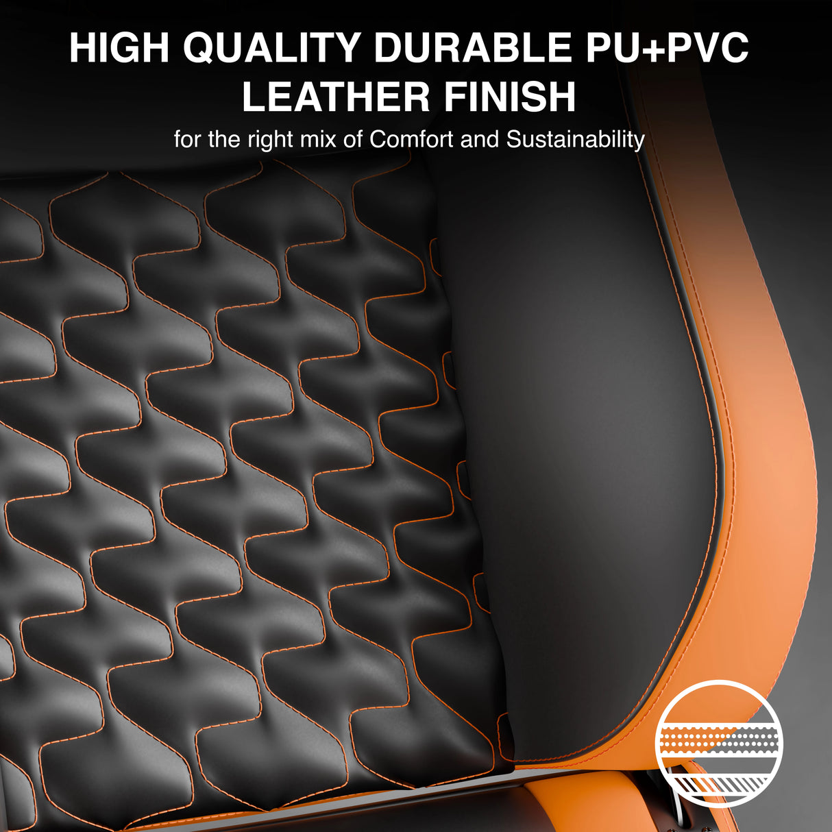 Black and orange leather seat with wavy pattern and text about high-quality PU+PVC finish.