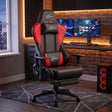 [Black + Red] gaming chair with a headrest, lumbar support, and adjustable armrests, placed in a modern home office setup with a desk.