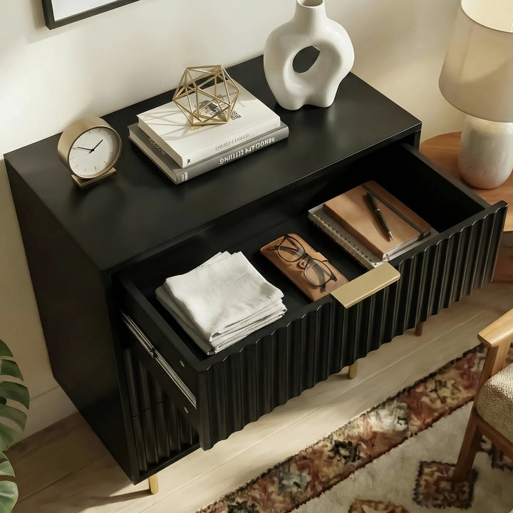 [Black] Interior view of black drawer displaying painted finish and smooth internal space with golden handles