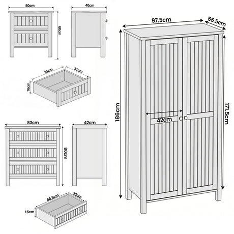 [Black] Dimensional line drawing of a paneled bedroom furniture set: wardrobe, dresser, and nightstand