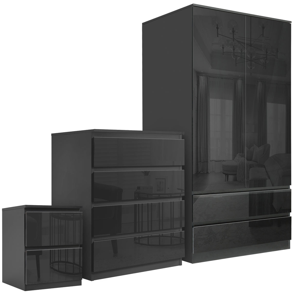 Black bedroom furniture set with modern design, perfect for sleek bedroom decor.