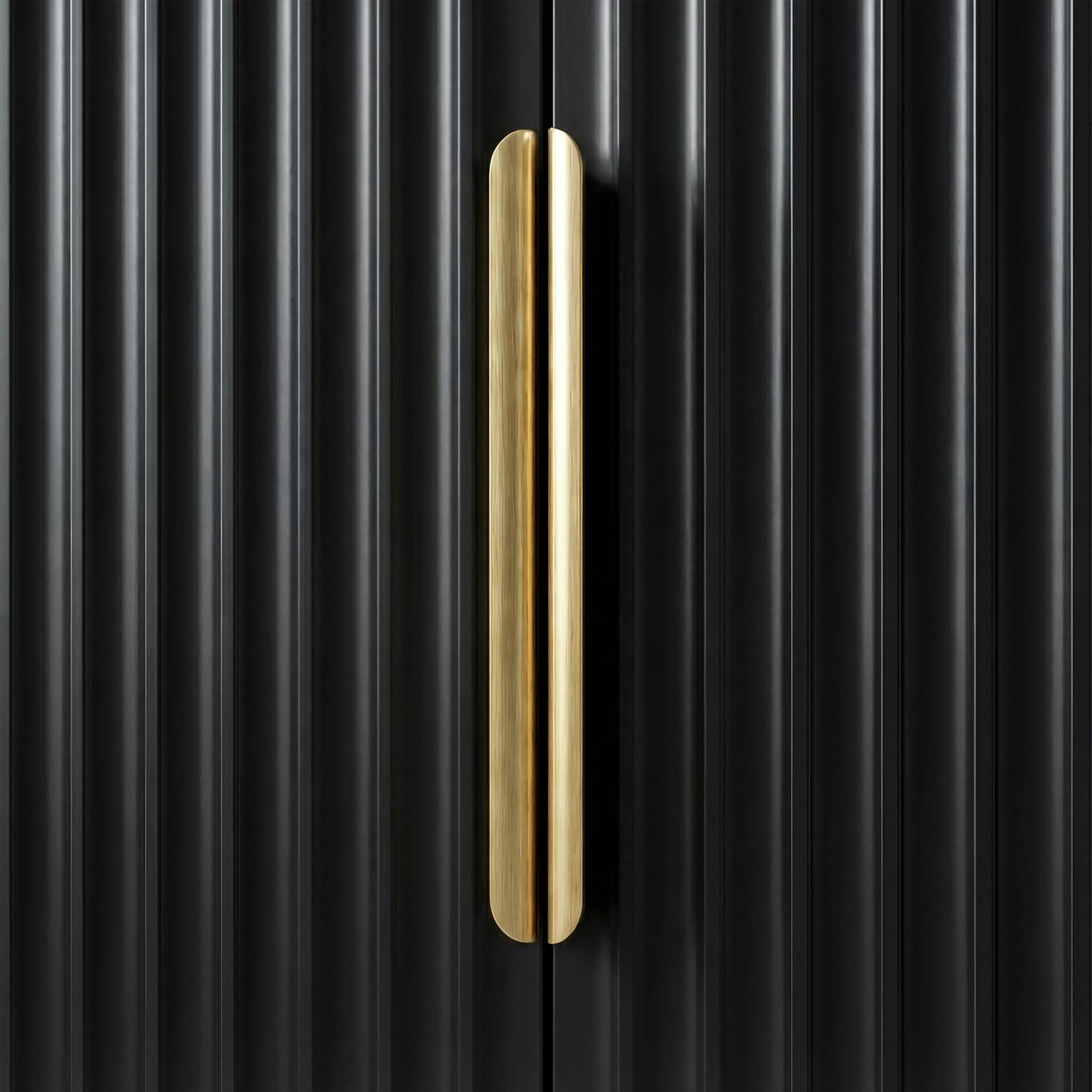 [Black] Close detail of a black wardrobe with a vertical golden metal handle against a flutrina door surface