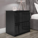 Black bedside table with drawers, providing sleek and functional storage with a modern design.