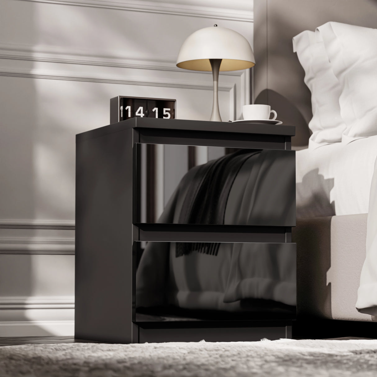 High Gloss 2 Drawer Bedside Table - Bedside Nightstand Drawers