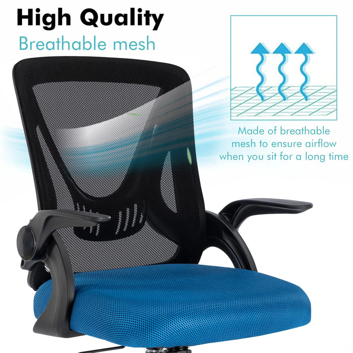 [Black+ Blue] Black and blue swivel desk chair with breathable mesh backrest, providing comfort during extended work hours.