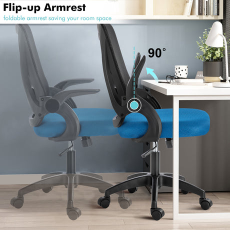 Black and blue computer chair with flip-up armrests, designed to save space while providing comfort.
