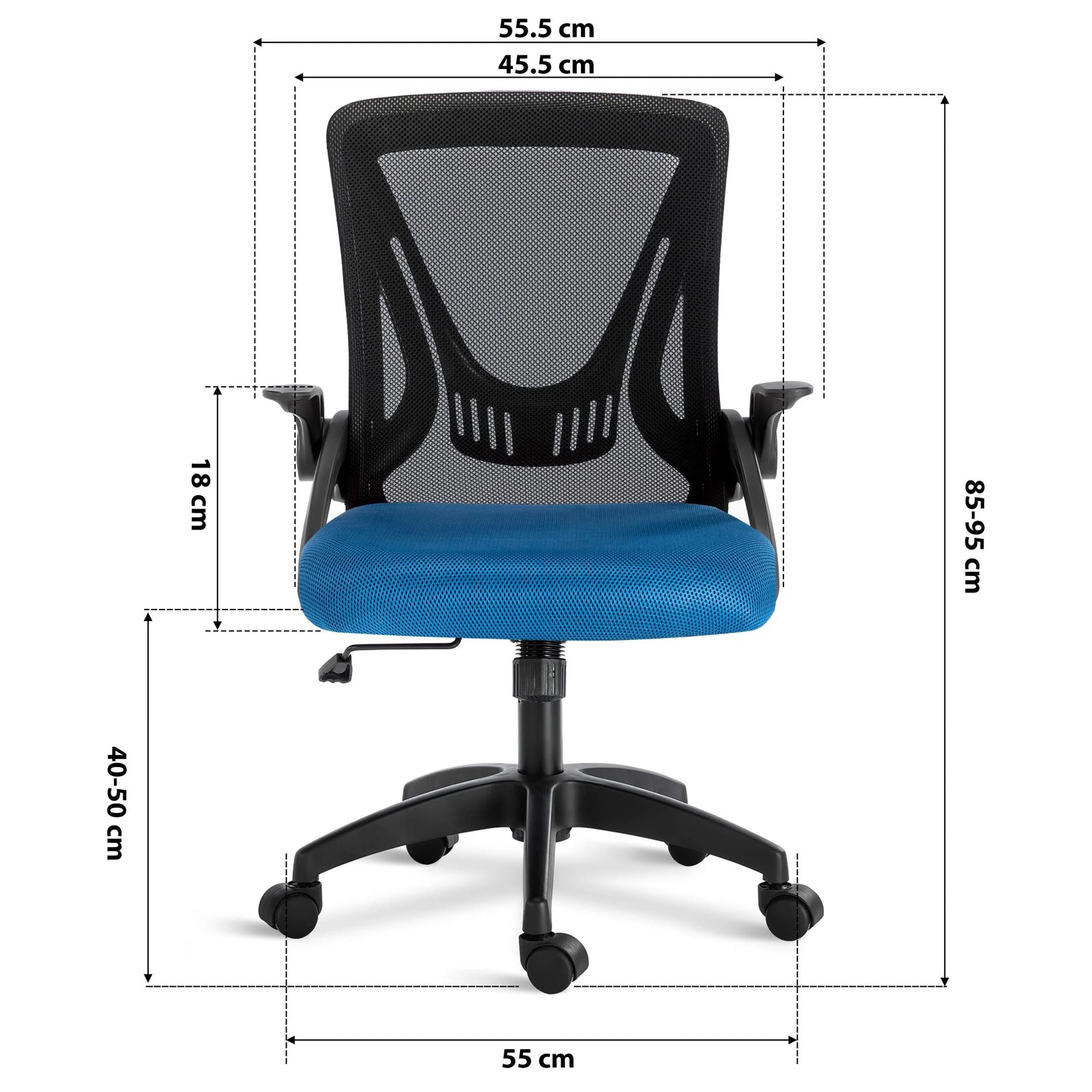 [Black+ Blue] black and blue comfortable chair dimension: 45.5cm seat width, 55cm wheelbase, adjustable 85–95cm height & mesh backrest.