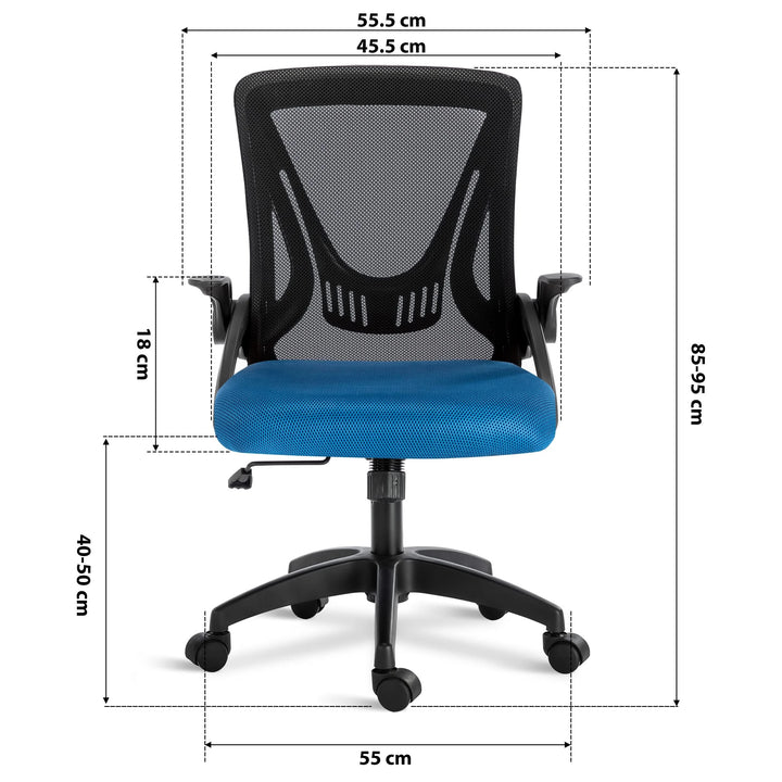 [Black+ Blue] black and blue comfortable chair dimension: 45.5cm seat width, 55cm wheelbase, adjustable 85–95cm height & mesh backrest.