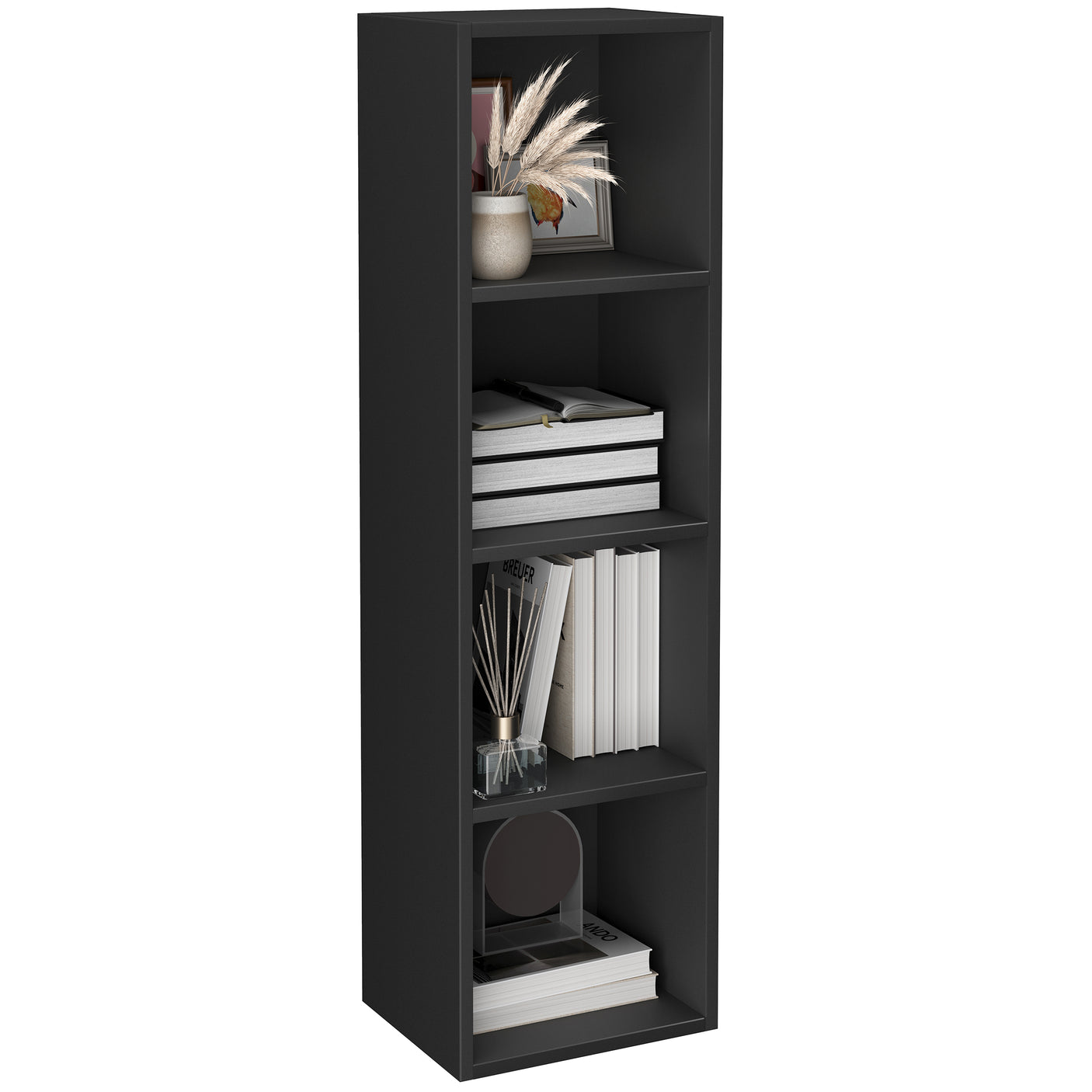 Angled view of black 4 Tier Bookcase Cube Storage Unit with books and accessories. Ideal for modern home organization.