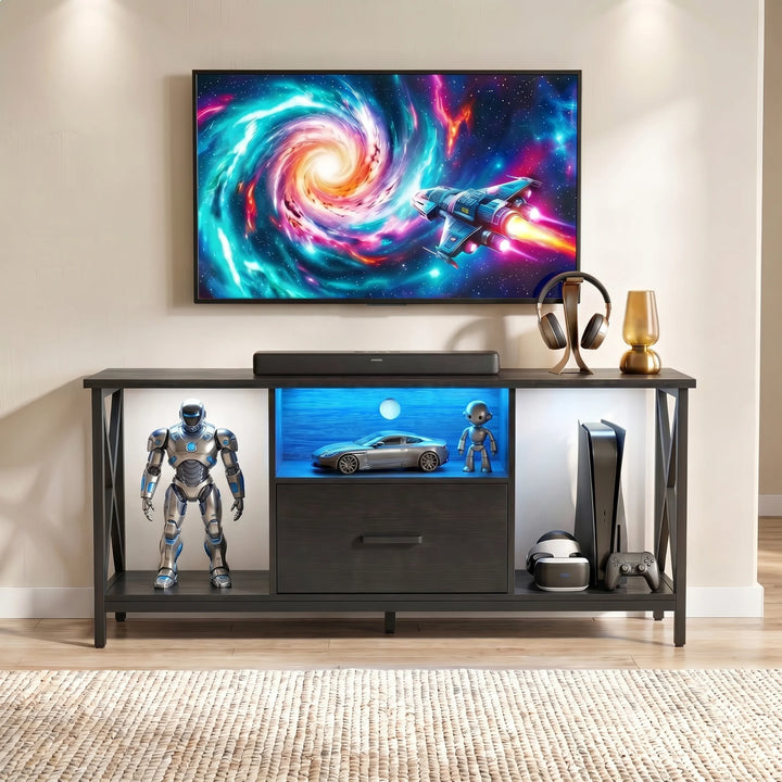 [Black] Calvera Black LED TV Stand with blue LED shelf lighting, X-frame sides and shelves holding a figure and console