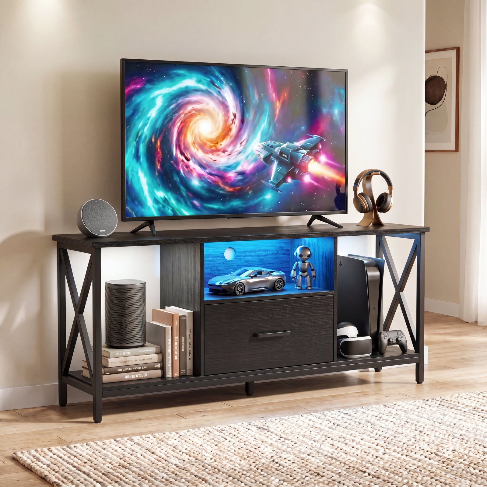 [Black] Calvera Black LED TV Stand with blue LED shelf lighting, X-frame sides and shelves holding books and a console