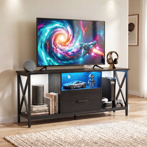 [Black] Calvera Black LED TV Stand with blue LED shelf lighting, X-frame sides and shelves holding books and a console