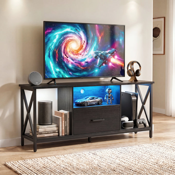 [Black] Calvera Black LED TV Stand with blue LED shelf lighting, X-frame sides and shelves holding books and a console