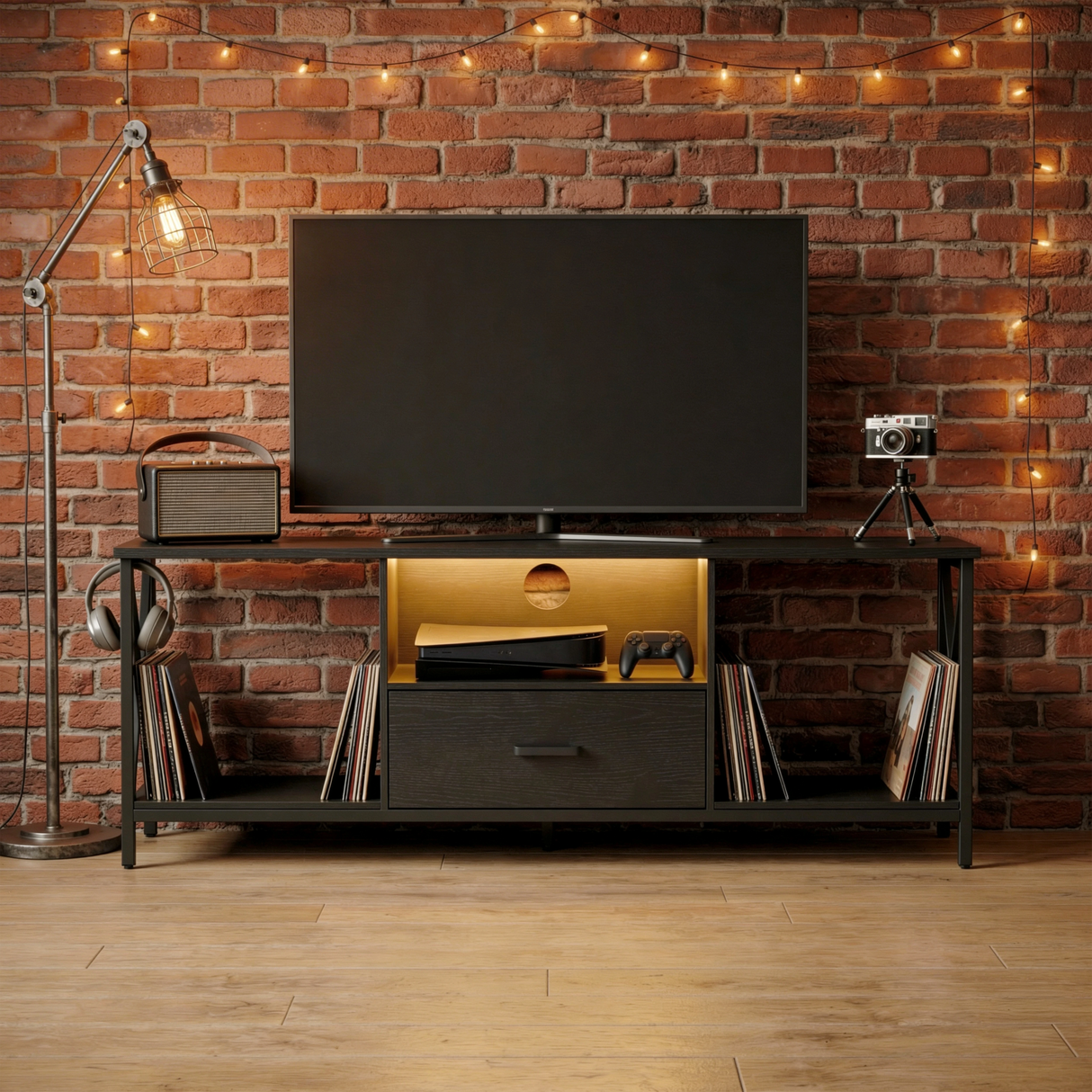 [Black] Calvera TV stand against a red brick wall with warm amber LED in the centre shelf, vinyl records and headphones on shelves