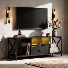 [Black] Calvera TV stand in a moody living room with wall sconces either side and warm LED glowing in the centre shelf