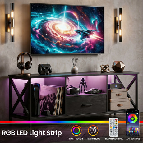 [Black] Calvera TV stand with RGB LED strip glowing pink inside the centre shelf, gaming accessories and VR headset on shelves