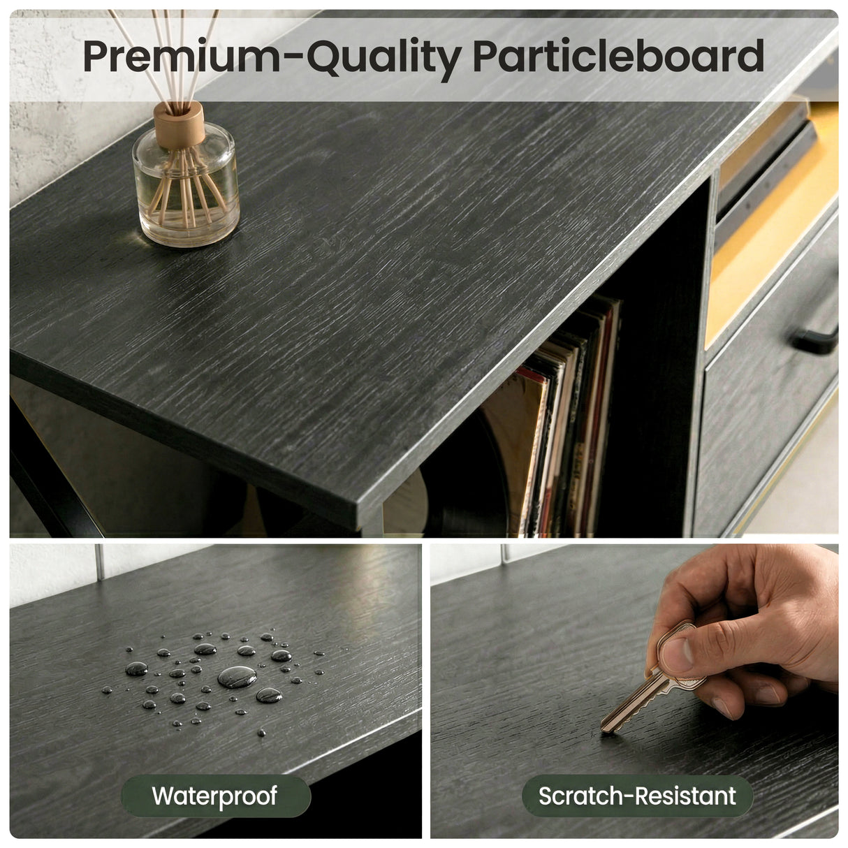 [Black] Calvera particleboard surface detail showing dark wood-grain laminate top with a reed diffuser, water droplets demonstrating waterproof finish