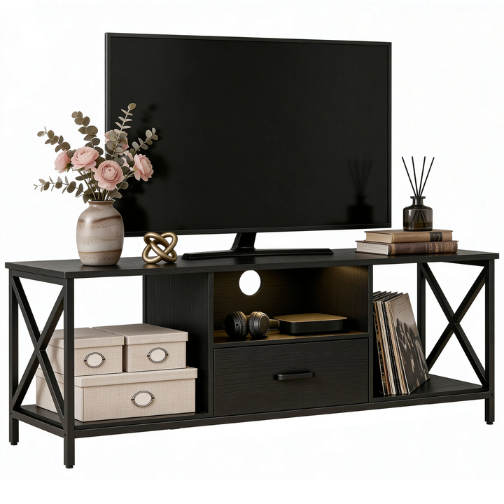 [Black] Calvera TV stand on a white background with a large TV on top and warm LED in the centre shelf with headphones