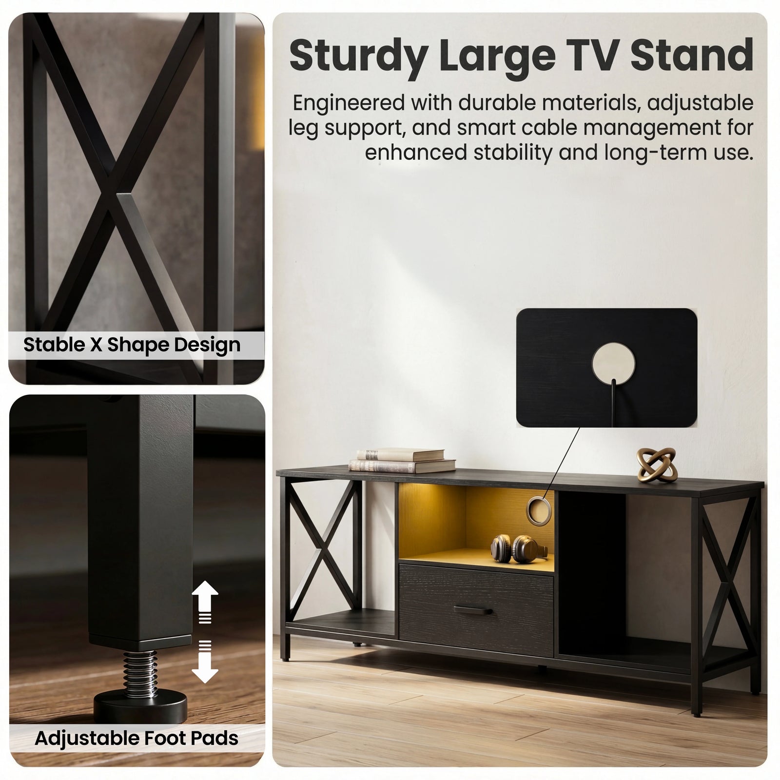 [Black] Calvera TV stand detail showing black X-shaped metal frame joint, adjustable screw foot pad, cable routing hole inset, and full unit styled with books