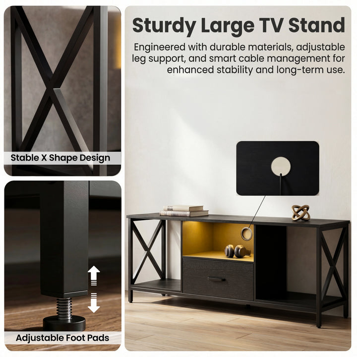[Black] Calvera TV stand detail showing black X-shaped metal frame joint, adjustable screw foot pad, cable routing hole inset, and full unit styled with books