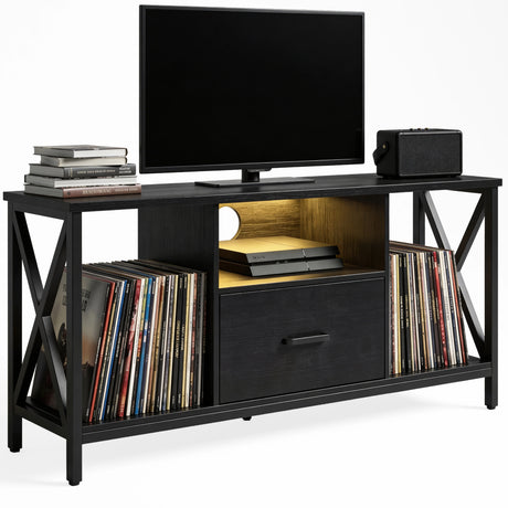 [Black] Calvera TV unit front product view on white background, vinyl records on lower shelves, amber LED shelf glow, TV above