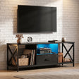 [Black] Calvera TV unit in industrial living room with LED-lit centre shelf, X-frame sides, open shelves and drawer
