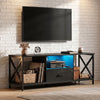 [Black] Calvera TV unit in industrial living room with LED-lit centre shelf, X-frame sides, open shelves and drawer