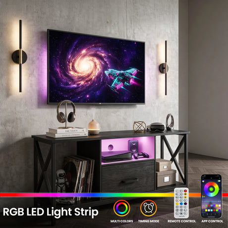 [Black] Calvera TV unit in living room with LED strip glowing purple-pink, TV above showing galaxy artwork, remote and app control