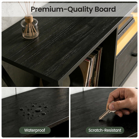 [Black] Calvera TV unit matte surface close-up with inset waterproof and scratch-resistant particleboard detail panels