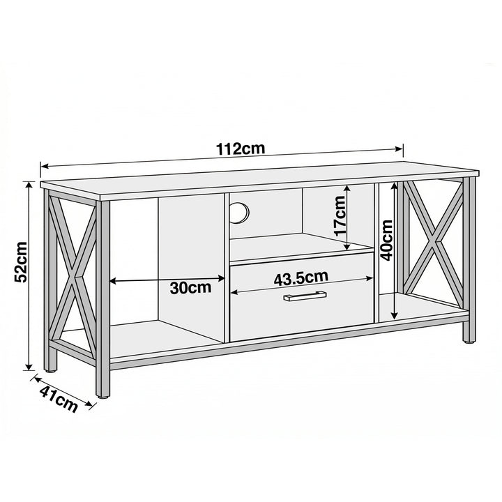 [Black] Calvera TV unit dimensions diagram showing 112cm wide, 41cm deep and 52cm tall with X-frame side panels