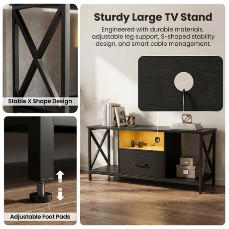 [Black] Calvera TV unit feature graphic showing stable X-shape frame close-up and adjustable foot pad detail with lifestyle view