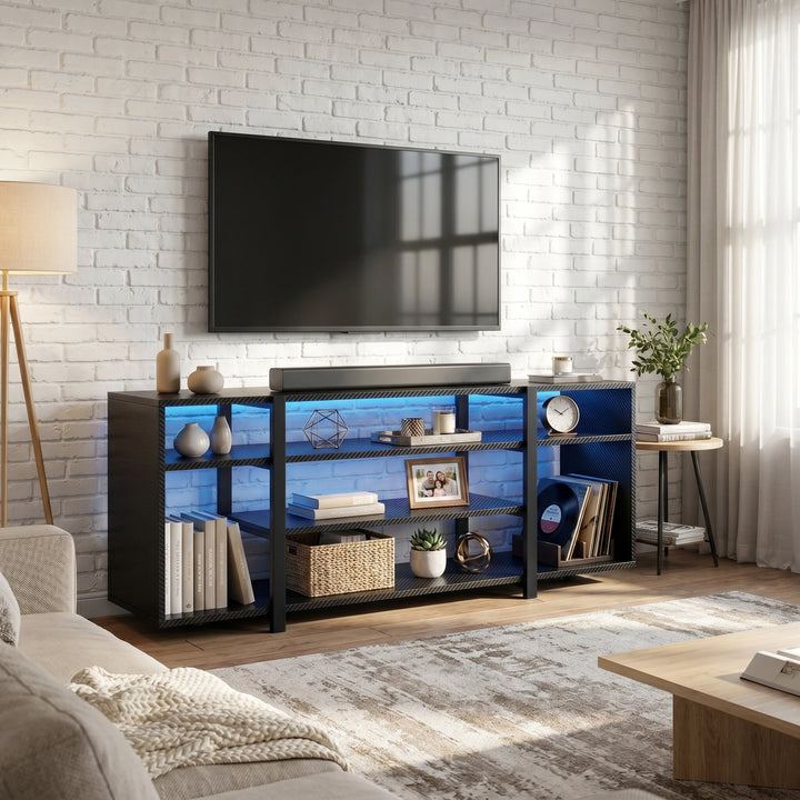 [Black Carbon Fibre] Modern living room with a television mounted on a brick wall and a decorative shelf