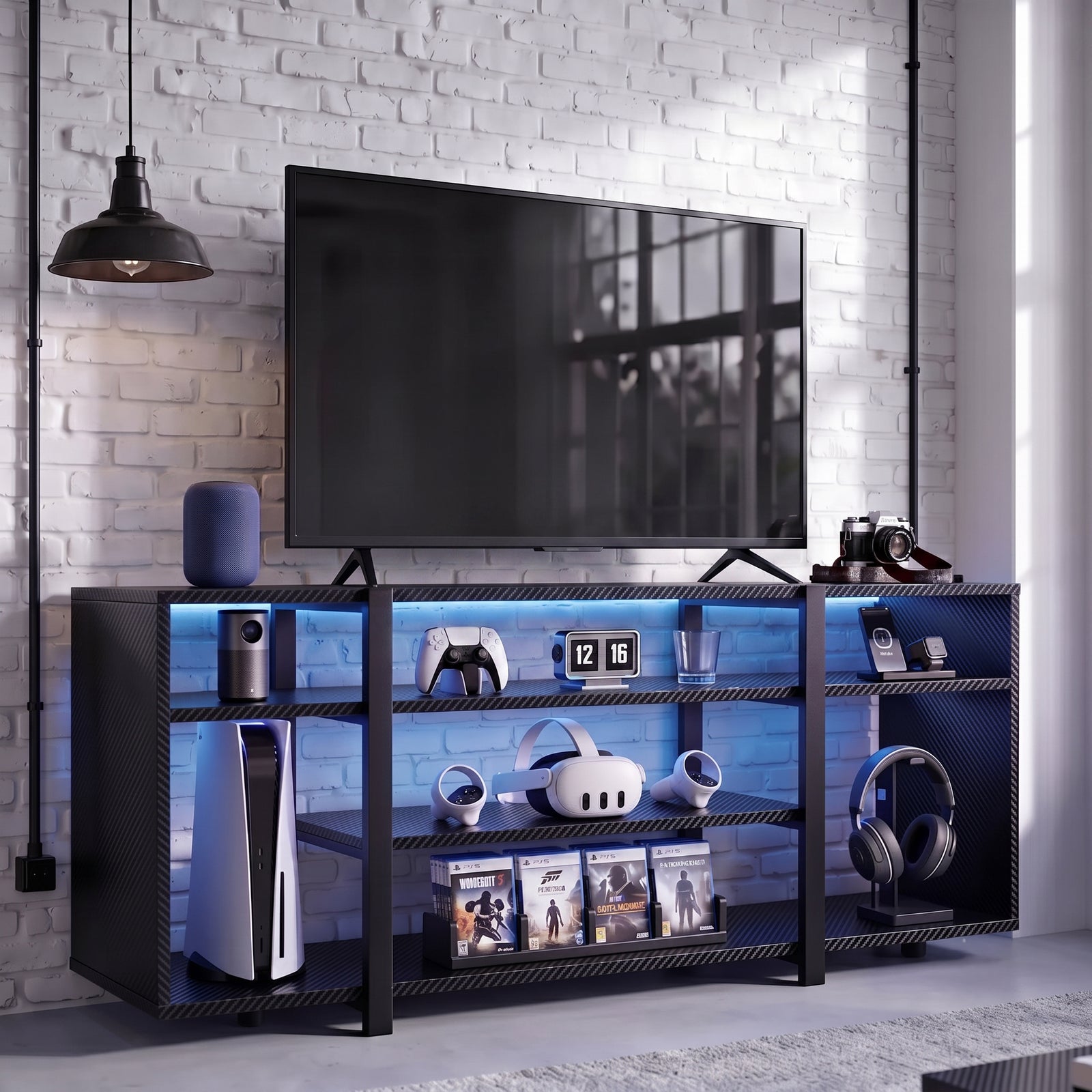 [Black Carbon Fibre] LED TV Stand with Storage styled in a gaming room with blue LED shelf lighting, open shelves holding a console, VR headset and game cases