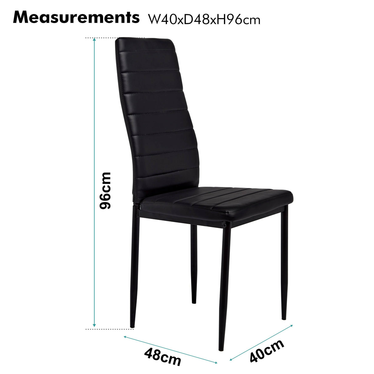 Black dining chair with sleek design, perfect for modern dining rooms. Measurements included.