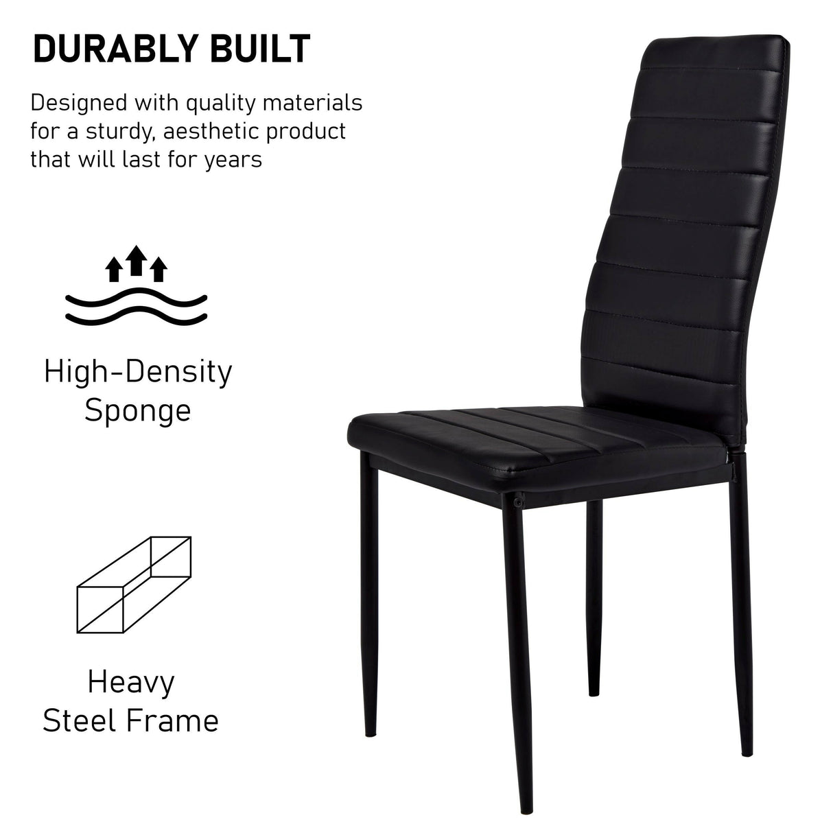 Black dining chair with high-density sponge and heavy steel frame for durability and comfort.